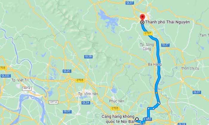 Quãng đường di chuyển từ Nội Bài đến Thái Nguyên gần 54 km